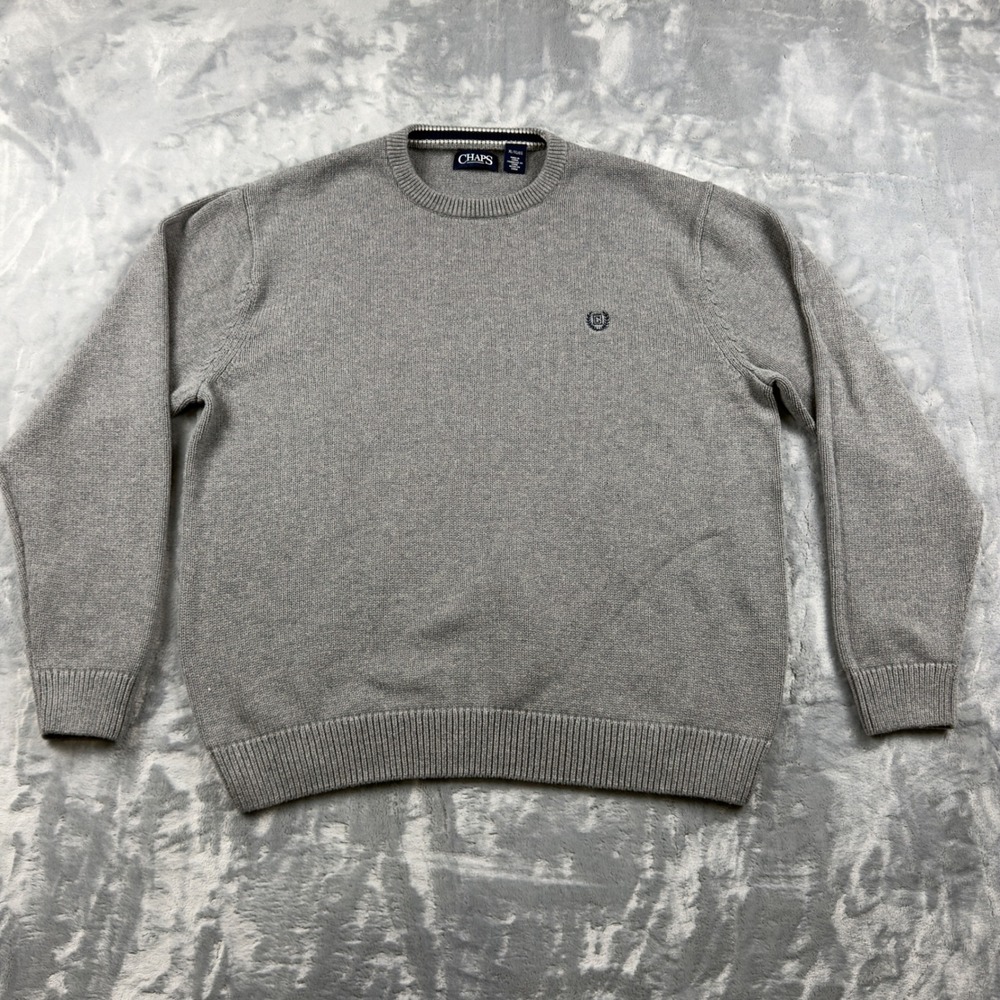 Chaps Mens XL Gray Crewneck Sweater Long Sleeve Embroidered Crest Logo Knit